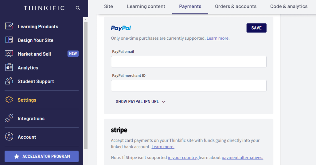 Thinkific Payment integration